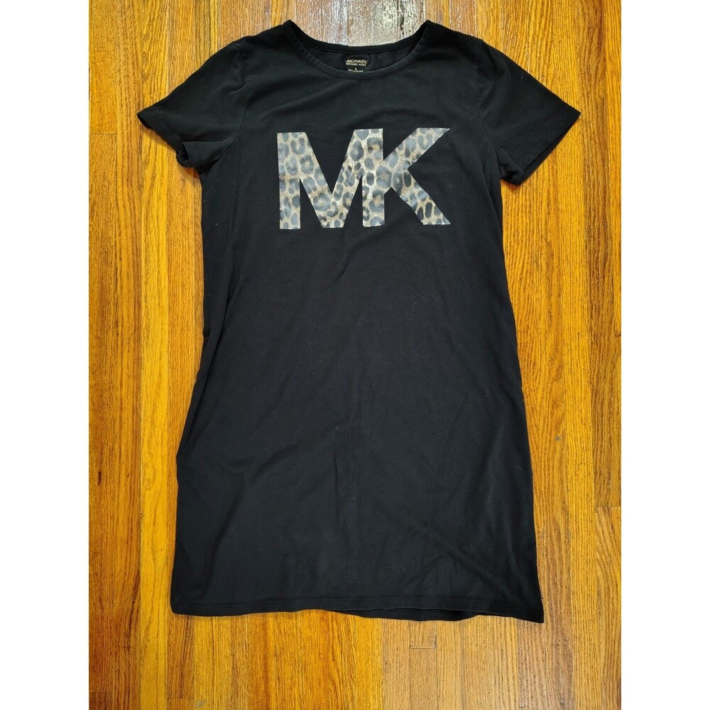 MICHAEL KORS Women's Medium Black Graphic / Logo T-Shirt Dress MK leopard logo